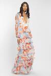 Mandira Wirk Resort_White Chiffon Tropical Print V Neck Maxi Dress _Online_at_Aza_Fashions