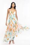 Buy_Mandira Wirk Resort_Peach Chiffon Floral Print Halter Dress _at_Aza_Fashions