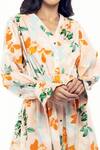 Mandira Wirk Resort_Peach Cotton Floral Print V Neck Shirt Dress _at_Aza_Fashions