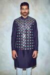 Shop_DiyaRajvvir_Blue Cotton Silk Embroidered Bundi With Kurta_at_Aza_Fashions