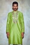 DiyaRajvvir_Green Cotton Silk Embroidered Straight Kurta_Online_at_Aza_Fashions