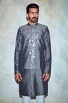 Shop_DiyaRajvvir_Grey Cotton Silk Embroidered Bundi With Kurta_at_Aza_Fashions