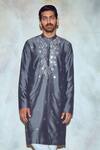 Shop_DiyaRajvvir_Grey Cotton Silk Embroidered Straight Kurta _at_Aza_Fashions