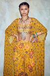 DiyaRajvvir_Yellow Georgette V Neck Printed Cape And Pant Set _at_Aza_Fashions