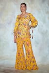 Buy_DiyaRajvvir_Yellow Georgette Printed Peplum Tunic And Pant Set_at_Aza_Fashions