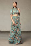 Buy_Diyarajvvir_Blue Georgette, Modal Floral Motifs High Neck Printed Layered Saree With Blouse _Online_at_Aza_Fashions