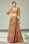 Buy_DiyaRajvvir_Orange Modal Printed Floral Motifs Square Neck Tiered Draped Saree With Blouse _at_Aza_Fashions