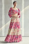 Buy_Diyarajvvir_Pink Georgette, Modal Floral Motifs Sweetheart Printed Tiered Skirt With Blouse _at_Aza_Fashions
