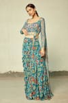 Buy_DiyaRajvvir_Blue Cotton Silk Printed Floral V Neck Sharara Saree Set _Online_at_Aza_Fashions