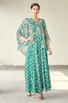 Buy_Diyarajvvir_Blue Georgette, Modal Floral V Neck Print Jumpsuit With Cape _at_Aza_Fashions
