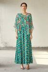 Diyarajvvir_Blue Georgette, Modal Floral V Neck Print Jumpsuit With Cape _Online_at_Aza_Fashions