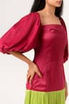 Buy_Neora By Nehal Chopra_Maroon Sustainable Silk Square Neck Balloon Sleeve Dress _Online_at_Aza_Fashions