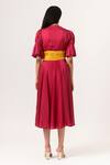 Shop_Neora By Nehal Chopra_Maroon Sustainable Silk V Neck Ruched Bodice Dress _at_Aza_Fashions