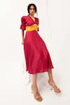 Neora By Nehal Chopra_Maroon Sustainable Silk V Neck Ruched Bodice Dress _Online_at_Aza_Fashions