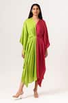 Buy_Neora By Nehal Chopra_Green Sustainable Silk V Neck Color Block Kaftan _at_Aza_Fashions