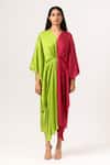 Buy_Neora By Nehal Chopra_Green Sustainable Silk V Neck Color Block Kaftan _Online_at_Aza_Fashions