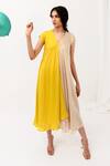 Buy_Neora By Nehal Chopra_Beige Sustainable Silk V Neck Color Block Dress _at_Aza_Fashions