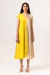 Neora By Nehal Chopra_Beige Sustainable Silk V Neck Color Block Dress _Online_at_Aza_Fashions