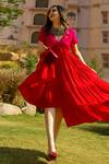 Buy_Neora By Nehal Chopra_Red Sustainable Silk V Neck Asymmetric Hem Tiered Dress _at_Aza_Fashions