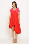 Neora By Nehal Chopra_Red Sustainable Silk V Neck Asymmetric Hem Tiered Dress _Online_at_Aza_Fashions