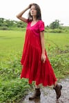 Buy_Neora By Nehal Chopra_Red Sustainable Silk V Neck Asymmetric Hem Tiered Dress _Online_at_Aza_Fashions
