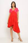 Shop_Neora By Nehal Chopra_Red Sustainable Silk V Neck Asymmetric Hem Tiered Dress _Online_at_Aza_Fashions