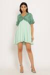 Buy_Neora By Nehal Chopra_Green Sustainable Silk Plain V Neck Frill Dress  _Online_at_Aza_Fashions