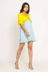 Neora By Nehal Chopra_Blue Sustainable Silk V Neck Color Block Frill Dress _Online_at_Aza_Fashions