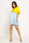 Shop_Neora By Nehal Chopra_Blue Sustainable Silk V Neck Color Block Frill Dress _Online_at_Aza_Fashions