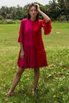 Buy_Neora By Nehal Chopra_Red Sustainable Silk Mandarin Collar Color Block Dress _at_Aza_Fashions