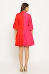Shop_Neora By Nehal Chopra_Red Sustainable Silk Mandarin Collar Color Block Dress _at_Aza_Fashions