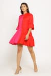 Shop_Neora By Nehal Chopra_Red Sustainable Silk Mandarin Collar Color Block Dress _Online_at_Aza_Fashions
