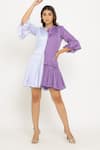 Buy_Neora By Nehal Chopra_Purple Sustainable Silk Mandarin Collar Color Block Gathered Dress _Online_at_Aza_Fashions