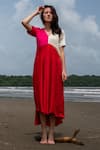 Buy_Neora By Nehal Chopra_Red Sustainable Silk Plain V Neck Asymmetric Color Block Dress  _at_Aza_Fashions