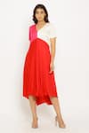 Neora By Nehal Chopra_Red Sustainable Silk Plain V Neck Asymmetric Color Block Dress  _Online_at_Aza_Fashions