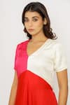 Neora By Nehal Chopra_Red Sustainable Silk Plain V Neck Asymmetric Color Block Dress  _at_Aza_Fashions