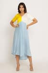 Buy_Neora By Nehal Chopra_Blue Sustainable Silk V Neck Color Block Dress _at_Aza_Fashions