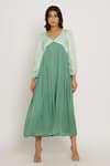 Shop Neora By Nehal Chopra Green Sustainable Silk V Neck Bishop Sleeve Dress Online at Aza Fashions Shop_Neora By Nehal Chopra_Green Sustainable Silk V Neck Bishop Sleeve Dress _Online_at_Aza_Fashions