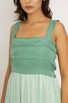 Neora By Nehal Chopra Green Sustainable Silk Square Neck Tiered Color Block Dress at Aza Fashions Neora By Nehal Chopra_Green Sustainable Silk Square Neck Tiered Color Block Dress _at_Aza_Fashions
