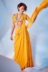 Buy_DiyaRajvvir_Yellow Printed Floral Plunge V Neck Pre-draped Saree With Blouse _at_Aza_Fashions