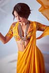Shop_DiyaRajvvir_Yellow Printed Floral Plunge V Neck Pre-draped Saree With Blouse _at_Aza_Fashions