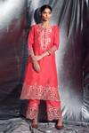 Buy_Dev R Nil_Red Silk Embroidery Round Kurta And Pant Set_Online_at_Aza_Fashions