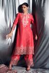 Shop_Dev R Nil_Red Silk Embroidery Round Kurta And Pant Set_at_Aza_Fashions