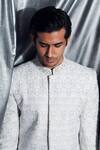 Shop_Dev R Nil_Grey Silk Embroidered Sherwani Set_Online_at_Aza_Fashions