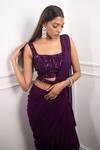 PARUL GANDHI_Purple Lycra Embroidery Square Neck Pre-draped Saree Set _at_Aza_Fashions