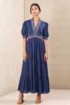 Buy_Ritu Kumar_Blue Cotton Dobby Stripe Embroidered Floral Motifs V Neck Puff Sleeve Dress _at_Aza_Fashions