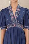 Shop_Ritu Kumar_Blue Cotton Dobby Stripe Embroidered Floral Motifs V Neck Puff Sleeve Dress _Online_at_Aza_Fashions