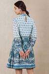Shop_Ritu Kumar_Blue Sushi Voile Band Collar Floral Print Short Dress_at_Aza_Fashions