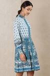 Ritu Kumar_Blue Sushi Voile Band Collar Floral Print Short Dress_Online_at_Aza_Fashions