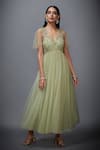 Buy_RI.Ritu Kumar_Green Mono Net V Neck Floral Embroidered Flared Dress _at_Aza_Fashions